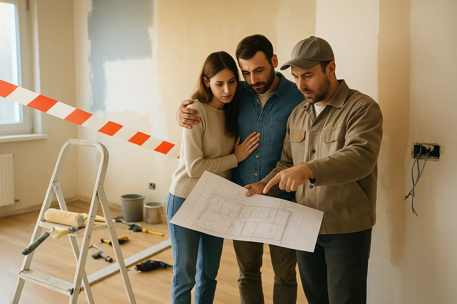 matrimonio contratista viendo planos reforma