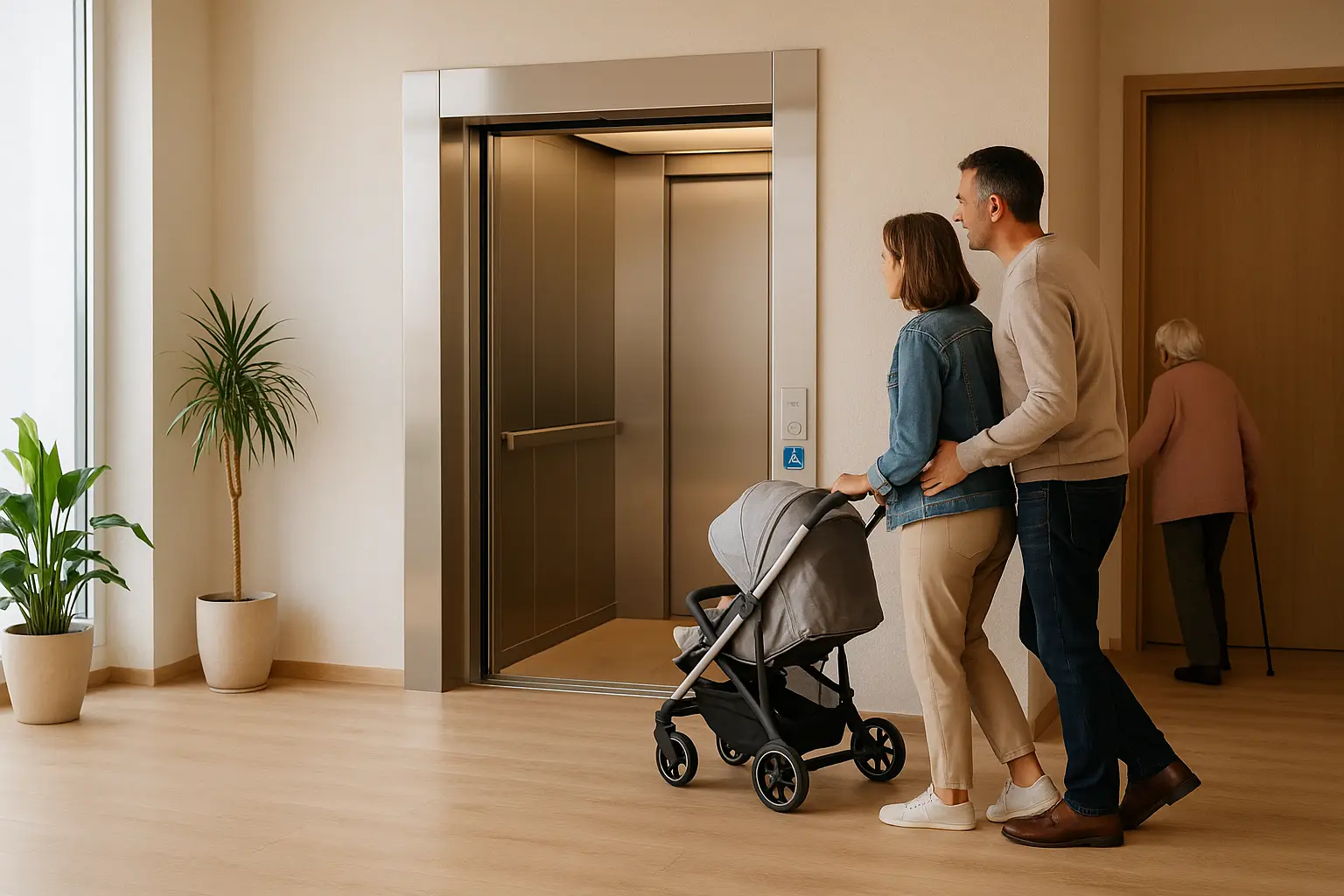 matrimonio carrito bebe ascensor