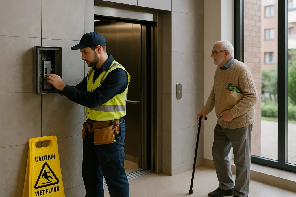 mecanico arregando ascensor abuelo mirando