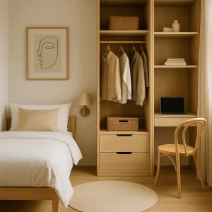 dormitorio compacto con cama individual, armario abierto y escritorio integrado en madera clara ideal para pisos pequeños