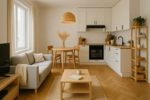 salón comedor y cocina integrados en un piso pequeño con sofá compacto, mesa redonda y muebles de madera clara pensados para ahorrar espacio