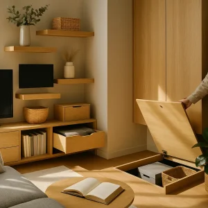 salón luminoso y minimalista con muebles de madera y almacenaje invisible integrado en el suelo y en los muebles