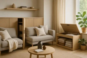 Salón minimalista con soluciones de almacenaje invisible