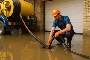 fontanero desatascando camion cuba garaje inundado