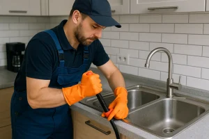 fontanero desatascando cocina