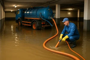 garaje inundado fontanero camion cuba desatascando inundacion