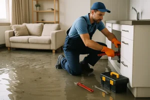 piso inundado atasco fontanero arreglandolo