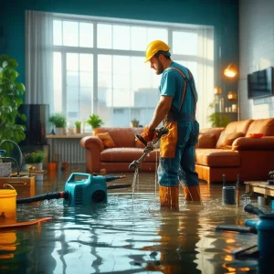 piso inundado de agua fontanero arreglandolo