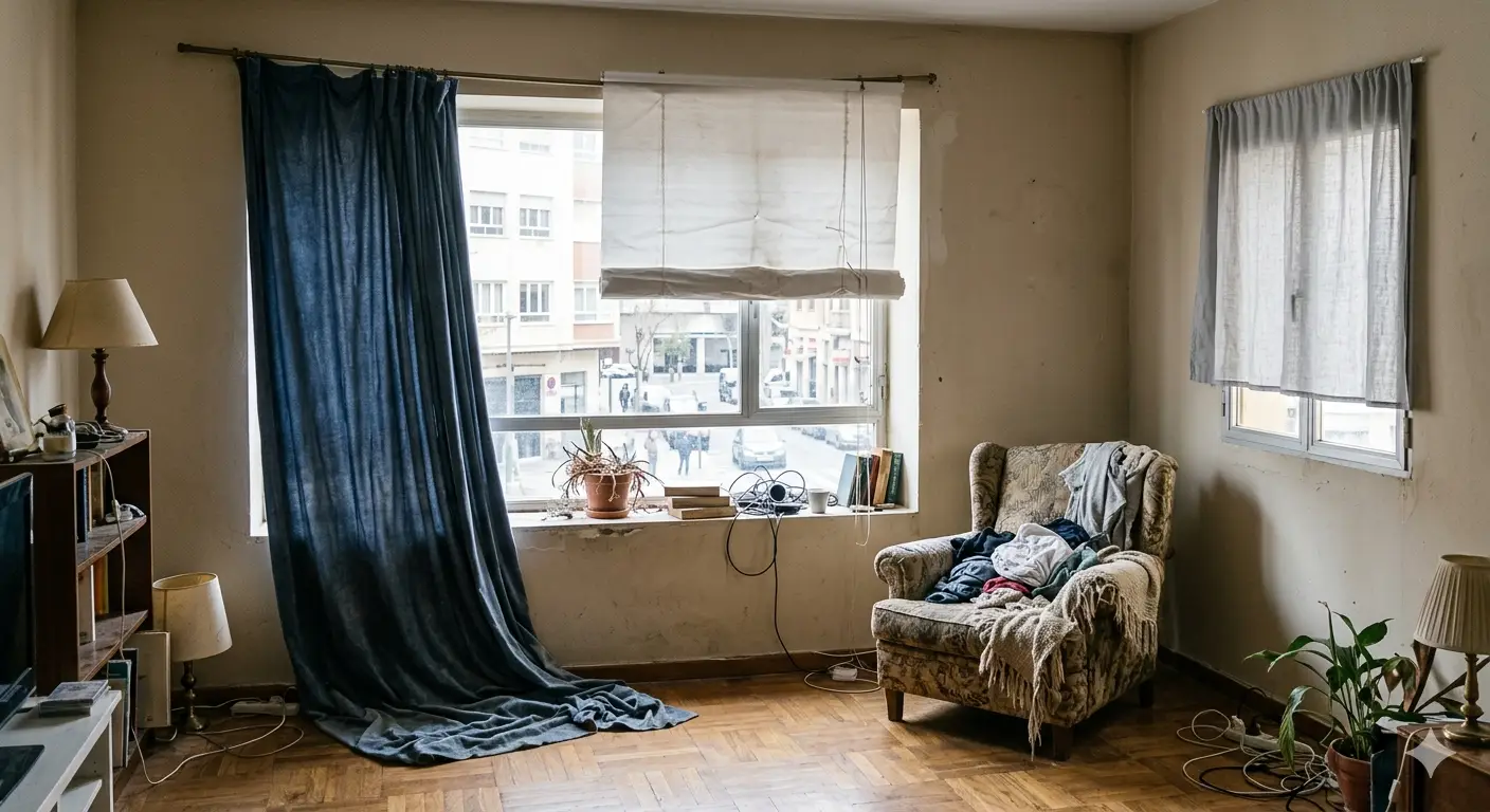 Un salón desordenado con cortinas mal colgadas, desparejadas y que arrastran por el suelo, ilustrando errores comunes de decoración.