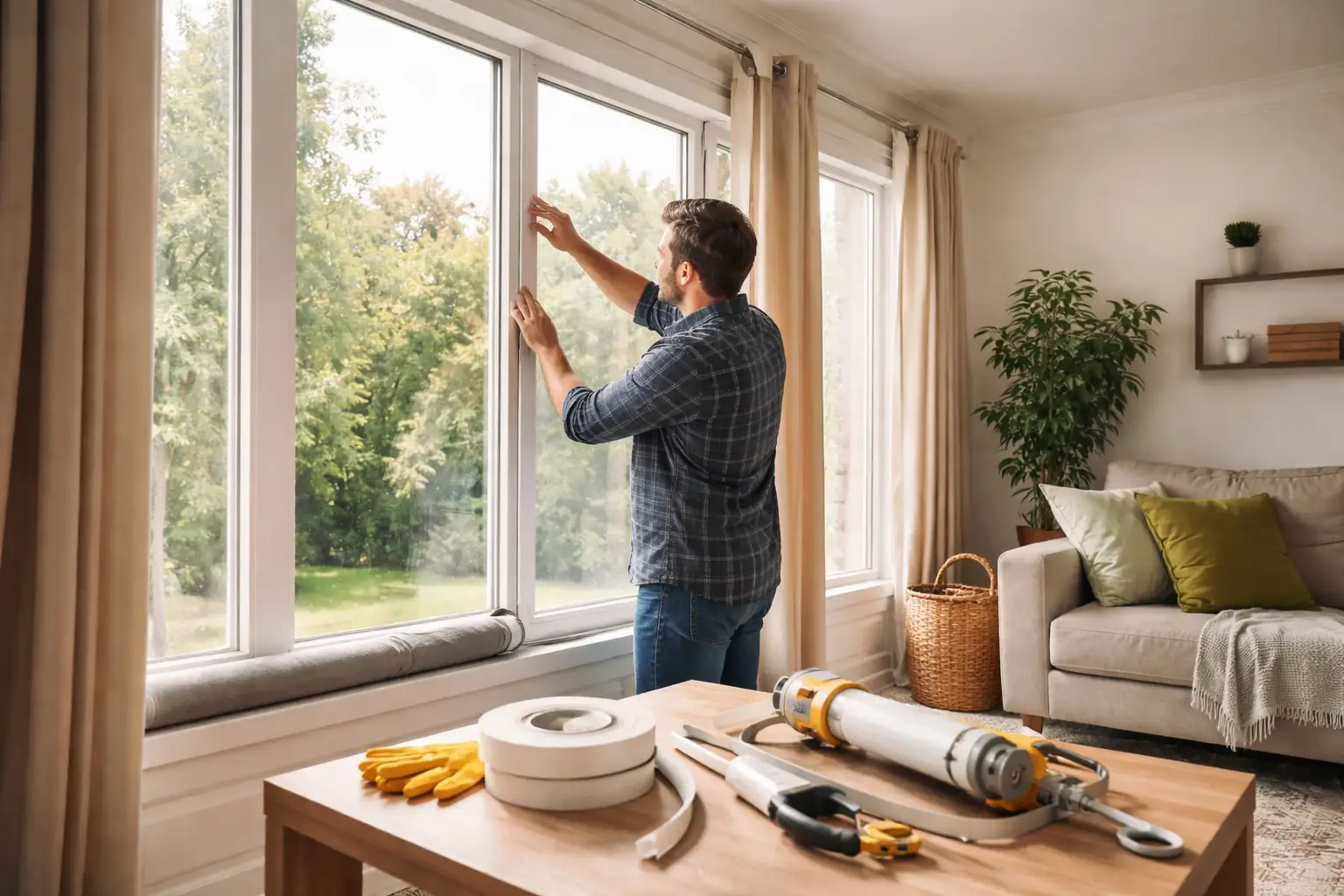 persona sellando una ventana para aislar la casa