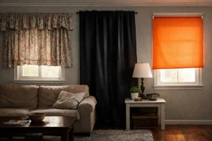 salon con cortinas y estores descoordinados