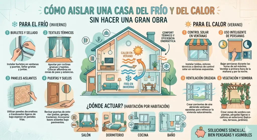Infografia detallada con consejos y soluciones sencillas para aislar una casa del frio en invierno y del calor en verano sin necesidad de hacer grandes obras. Muestra secciones para ventanas, puertas, suelos y textiles.